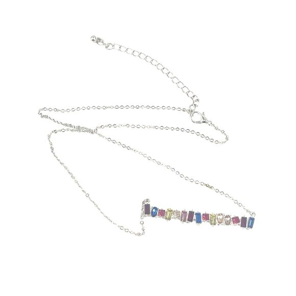 Silver-Tone Chain Necklace With Multi-Color Gem Accents & Abstract Bar Pendant - Picture 8 of 10